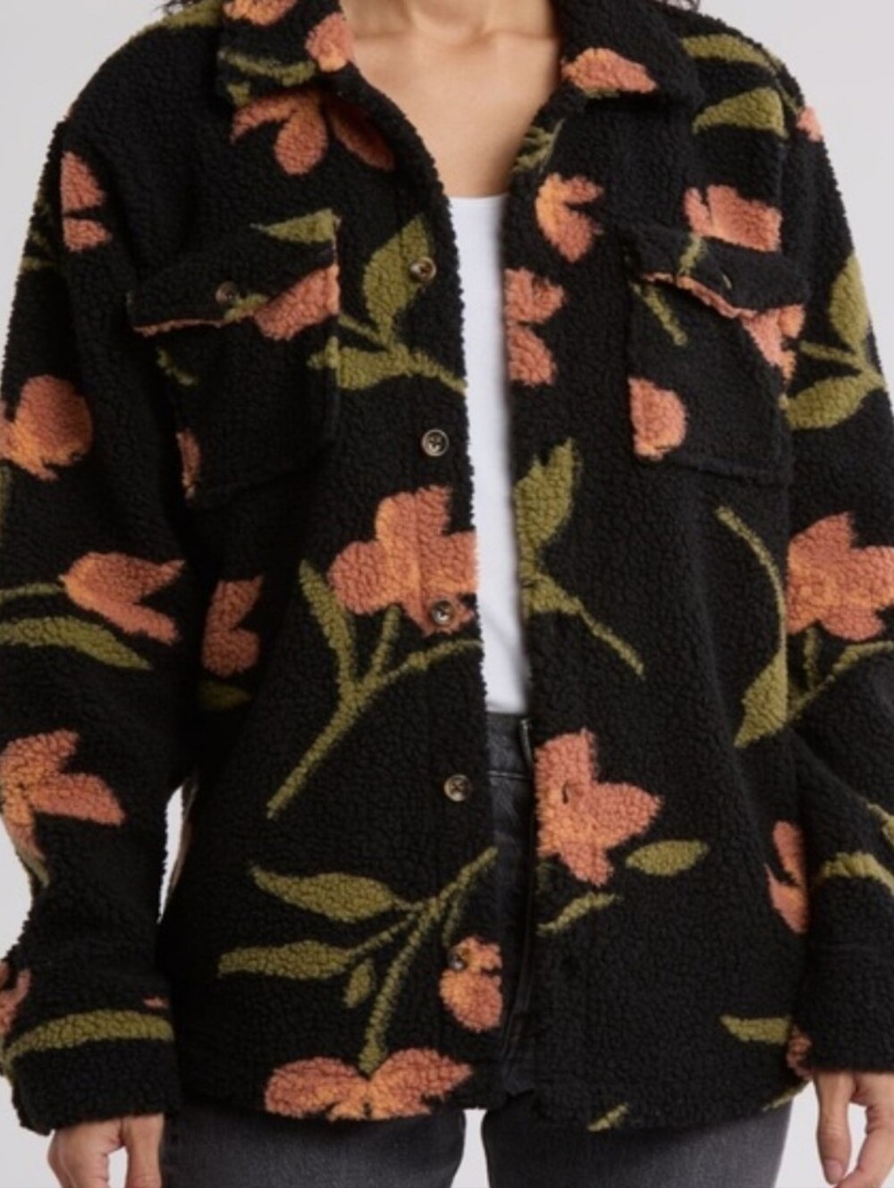 Volcom Black Sherpa Jacket with Peach Floral Print Fall Cabincore Winter Large